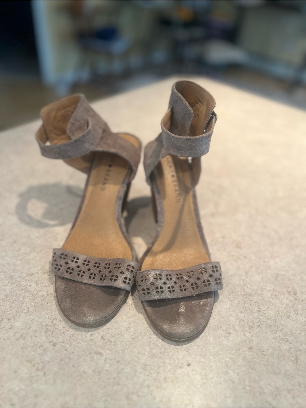 Lucky Brand Taupe Suede Ankle-Strap Heels